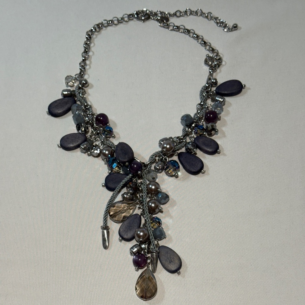 Chico's Blue & Grey Beaded Cluster Necklace with Silver accents. 12” - Picture 3 of 7